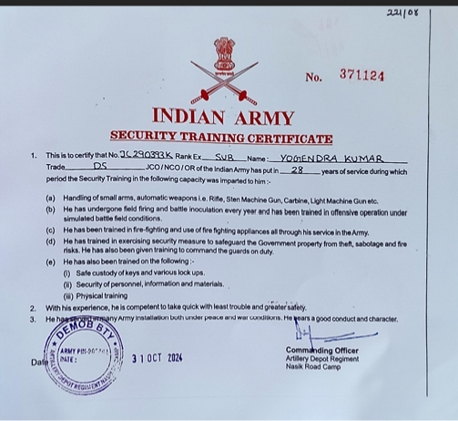Indian Army Security Training Certificate