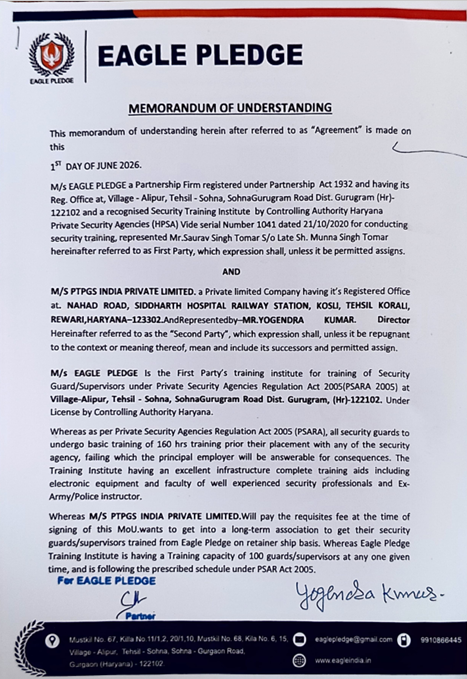 Eagle Pledge Security Training MoU (PSARA)
